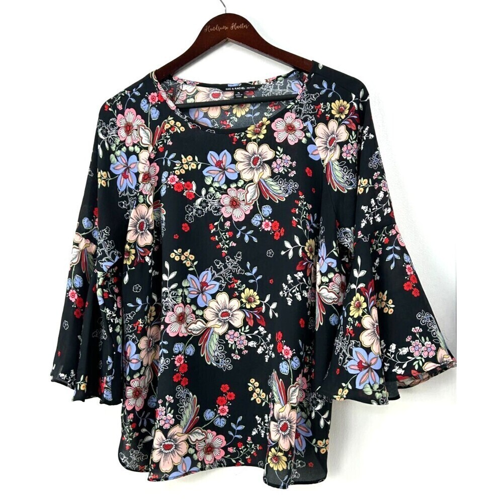 Zac & Rachel Womens Black Floral Round Neck Bell Sleeve Sheer Blouse PL 1140U4 - Picture 4 of 12